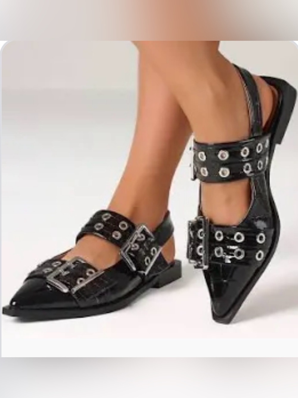 Black Slingback Buckle Grommet Flats
